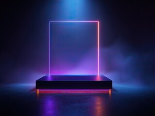Vibrant neon light frame on dark podium, surrounded by smoke and dramatic illumination