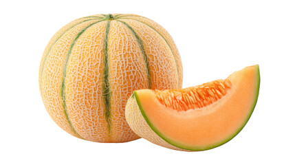 Cantaloupe and slice: Capturing the beauty of nature's bounty, a ripe cantaloupe sits proudly next to a juicy slice, inviting viewers to savor its delightful flavors. 