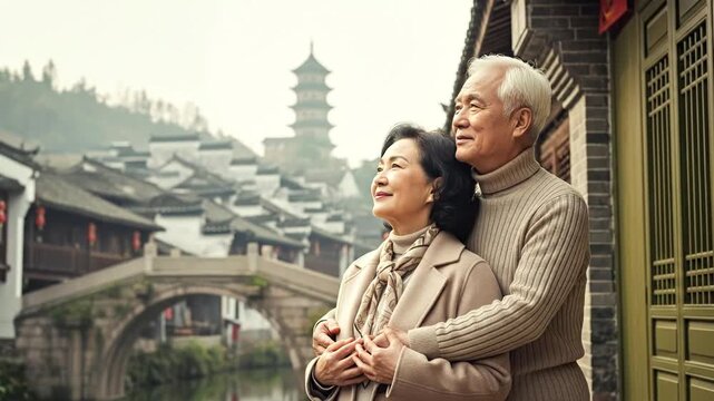 Elderly Couple Cherishing a Moment in a Traditional Chinese Town