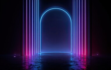 Abstract dark scene with glowing neon archway and vertical light lines on a reflective floor