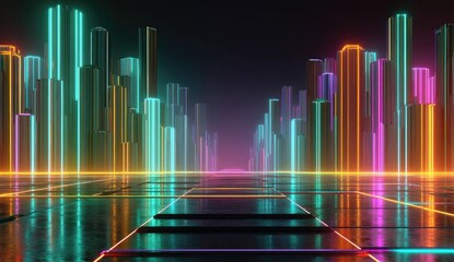 Cyberpunk city with tall neon-lit buildings and reflective ground creating a vibrant future