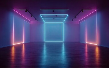 Empty room with vibrant blue and pink neon square lights reflecting on a dark floor