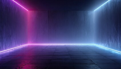 Empty dark room with textured walls and floor, illuminated by vibrant pink and blue neon lights