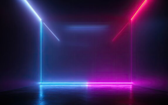 Abstract dark room with vibrant blue and pink neon light lines forming an open cube
