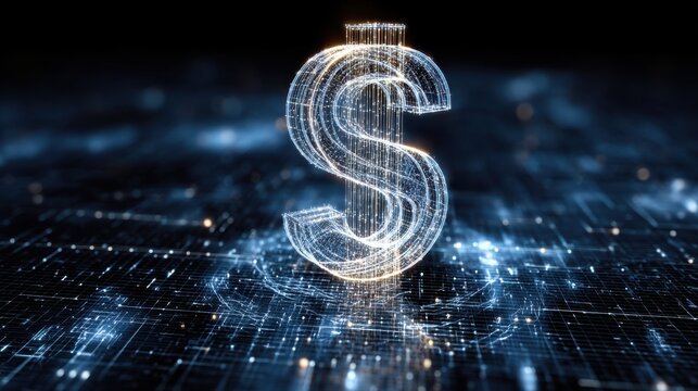 Glowing digital dollar symbol with glowing particles on dark background representing finance and technology concepts