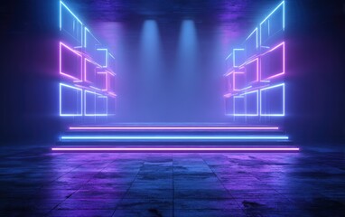 Empty stage bathed in glowing blue and pink neon light within a dark, textured room