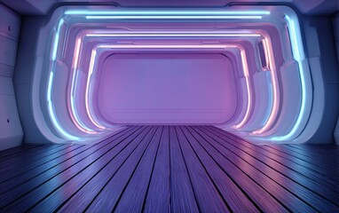 Futuristic tunnel with glowing neon pink and blue lights reflecting on a wooden floor