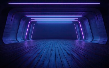 Futuristic tunnel with purple and blue neon lights illuminating a wooden floor