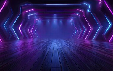 Abstract cyber tunnel with glowing neon lights and reflective floor, vibrant blue and purple