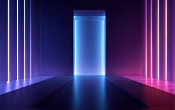 Futuristic neon-lit corridor with a glowing blue portal, vibrant purple and pink light trails