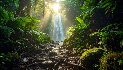 A serene jungle path leading towards a majestic hidden waterfall as golden sunlight streams through the lush green foliage of the rainforest