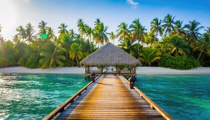 Wooden pier leading to a thatched roof hut surrounded by palm trees on a tropical beach with turquoise water and bright sunlight