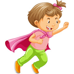A Happy Young Girl Dressed As A Superhero With A Pink Cape And Green Pants In A Dynamic Pose Ready To Fly Isolated On A White Background