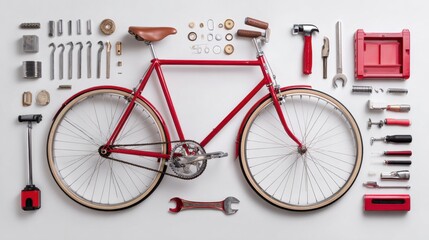 Classic Red Bicycle Surrounded by Various Tools and Accessories for Repair and Maintenance