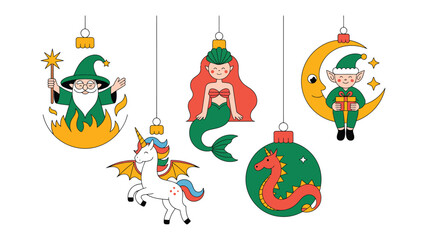 Magical Ornaments in Festive Display: A captivating array of whimsical ornaments hangs, each a unique embodiment of fantasy and holiday cheer. A wizard, mermaid, unicorn, dragon.