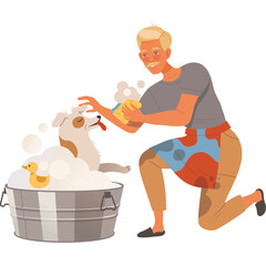 Blonde Man Washing a White Dog in a Metal Bathtub Full of Soap Bubbles and a Yellow Rubber Duck With a Transparent Background