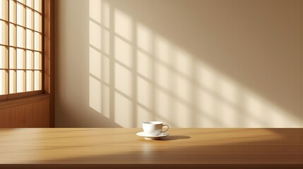 Japanese Minimalist Café Interior with Warm Wood and Soft Sunlight