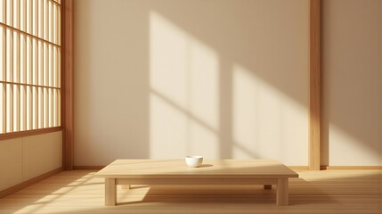 Japanese Minimalist Café Interior with Warm Wood and Soft Sunlight