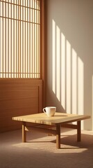 Japanese Minimalist Café Interior with Warm Wood and Soft Sunlight