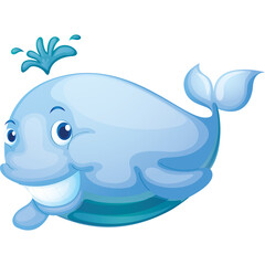 Cute cartoon blue whale spouting water on a transparent background a cheerful marine mammal in a playful pose with big eyes and a wide smile