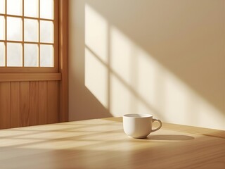 Japanese Minimalist Café Interior with Warm Wood and Soft Sunlight