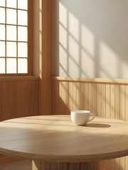 Japanese Minimalist Café Interior with Warm Wood and Soft Sunlight