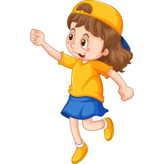 Cartoon little girl wearing a yellow cap and shirt with a blue skirt running happily with a transparent background