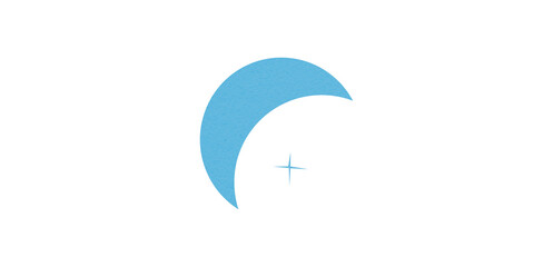Light blue crescent paper cutout, moon icon, waxing moon symbol, crescent moon icon symbol set on transparent background.
