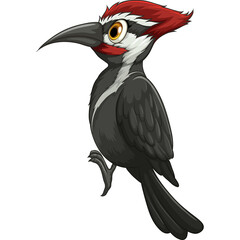 Cartoon Pileated Woodpecker Bird Perched On A Branch With Red Crest And White Stripe On Its Chest And Black Feathers Isolated On Transparent Background