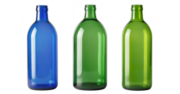 Three Blue green glass bottles isolated on a transparent background