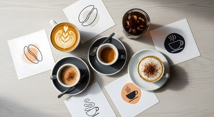 Savor diverse coffee creations with artistic flair, perfect for cafe branding.