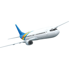 Commercial Jetliner Airplane with Blue Tail and Rainbow Stripes Flying Against Transparent Background Representing Travel and Aviation
