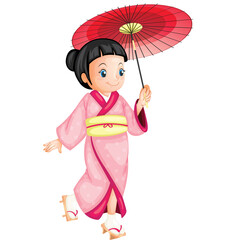 Cheerful Young Japanese Girl Wearing a Pink Kimono and Holding a Red Umbrella on a White Background