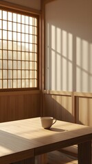 Japanese Minimalist Café Interior with Warm Wood and Soft Sunlight