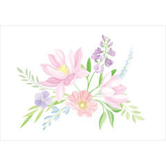 Delicate floral arrangement with pink magnolias and purple lupines on a clean white background evoking spring elegance and natural beauty