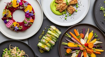 Vibrant gourmet vegetable dishes showcase artistic culinary presentation and fresh ingredients