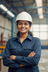 Arabian woman engineer in work uniform, helmet stands at factory