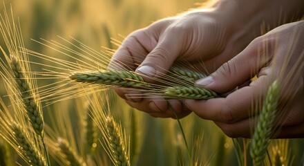 Farmer inspects golden wheat field at sunrise, rich harvest promise