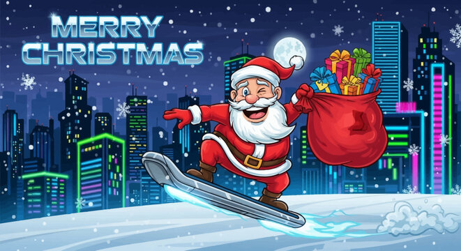 Cheerful Santa Claus delivers gifts on a snowboard across the city skyline, bringing holiday joy and festive cheer this Christmas season