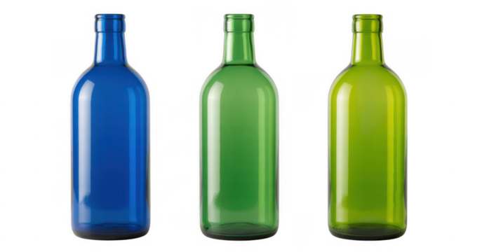 Blue green glass bottles isolated on a transparent background