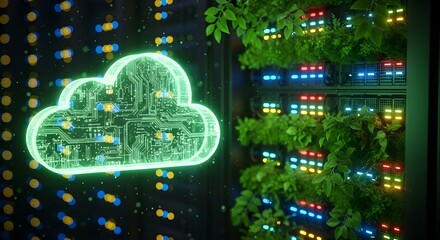 Glowing green cloud computing symbol integrated with nature and server racks