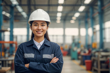Happy Asian woman engineer in work uniform, helmet stands at factory, technician in manufacturing, workplace, industrial job
