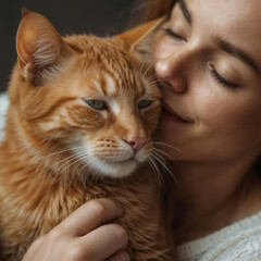 Happy woman hugs ginger cat. Friendship between human and animal