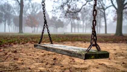Empty Wooden Swing on Chains in Foggy Autumn Park