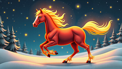 Stylized red-orange horse with glowing mane under starry sky, whimsical winter fantasy