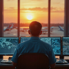 Portrait of Man air traffic controller sits at airport control desk with multiple computer monitors, he looks out window at sunset over airfield with planes and control tower