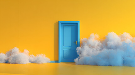 3d rendering, abstract minimalist geometric background. White clouds fly outside the blue doorway on the yellow wall. Modern fantasy wallpaper