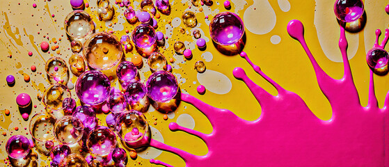 Abstract design composed of translucent purple and yellow soap bubbles, creating a dynamic, splatter pattern on a background that pops with energetic color.	