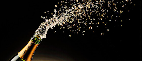 Champagne splashes dramatically against a dark backdrop, sparkling in a burst of bubbles and light.	