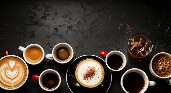 A stylish assortment of different coffee drinks arranged on a dark textured surface, showcasing a variety of flavors, textures, and brewing styles.